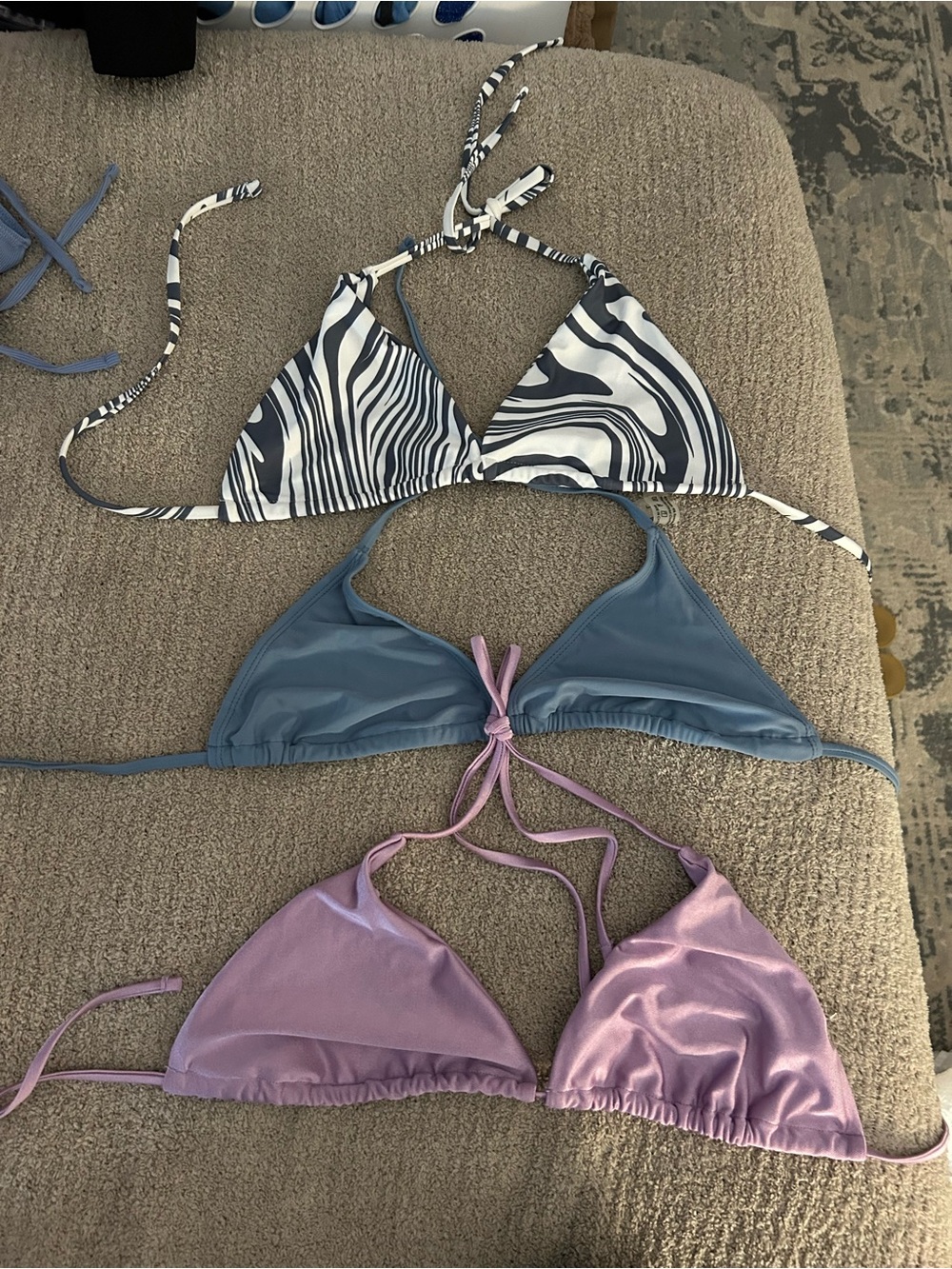 SHEIN Zebra Black & White, Blue, Lavender Triangle Bikini Tops - 3 Pack